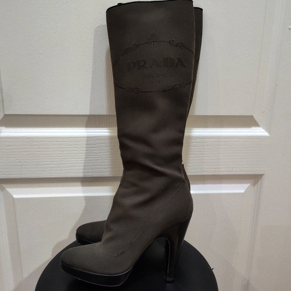 PRADA Logo Jacquard Calzature Donna Boots Women's Sz EU 37.5 US 7 Dark Brown - Picture 3 of 9